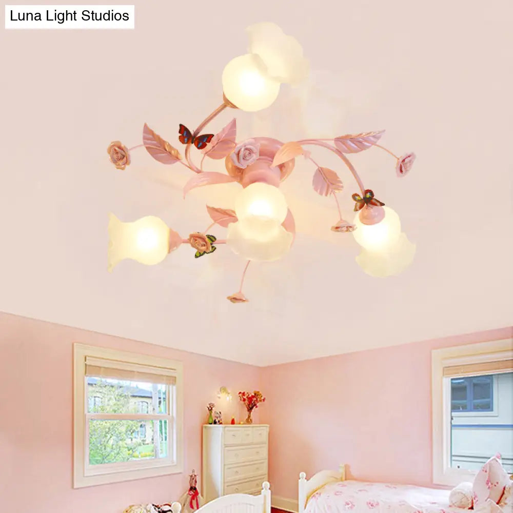 Semi Flush Mount Spiral Ceiling Light Fixture With 4/7 Bulbs Traditional Pink Satin Opal Glass