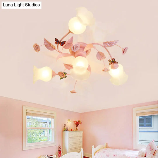 Semi Flush Mount Spiral Ceiling Light Fixture With 4/7 Bulbs Traditional Pink Satin Opal Glass