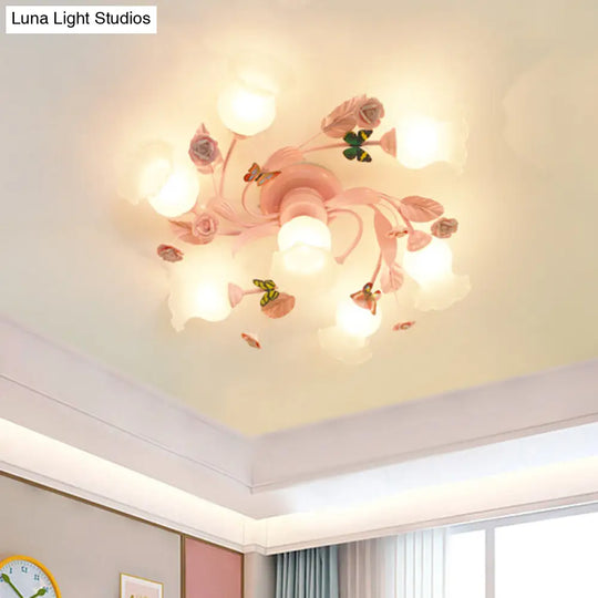 Satin Opal Glass Semi Flush Mount Ceiling Light Fixture - Traditional Pink | 4/7 Bulbs Ideal For