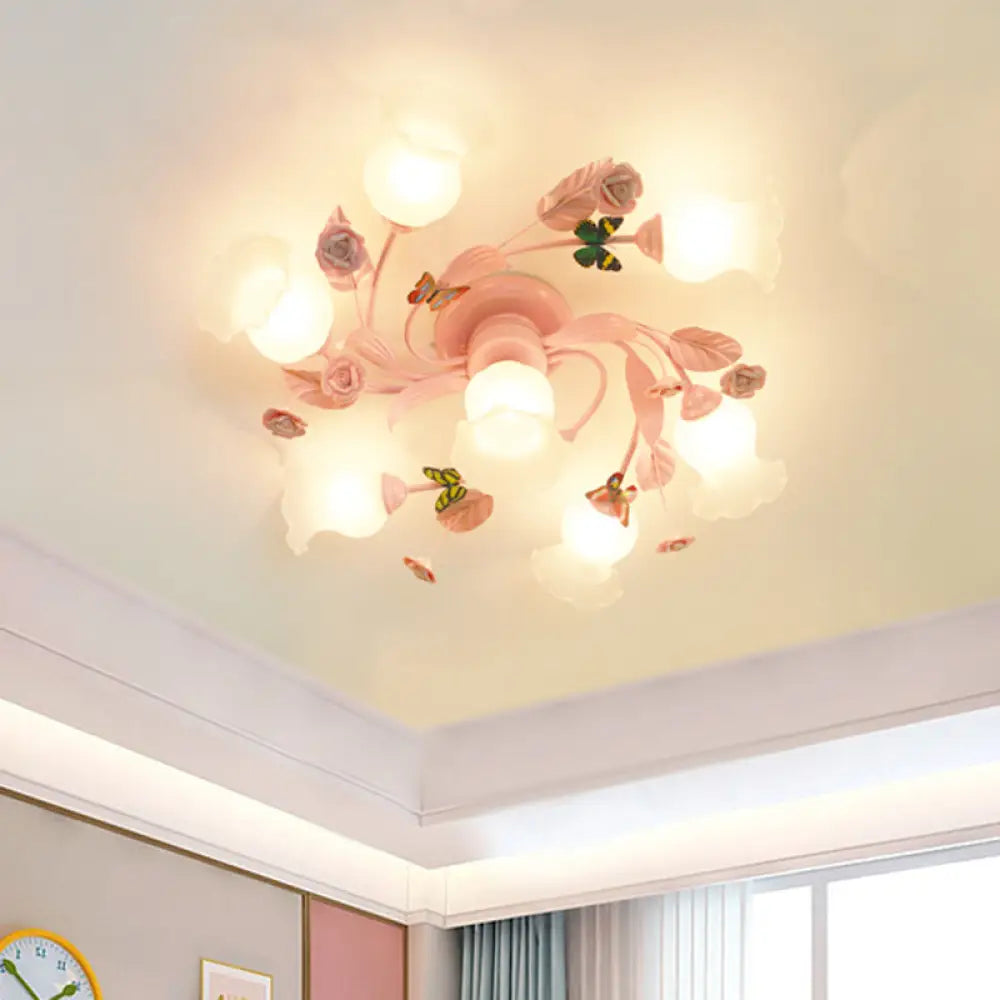 Semi Flush Mount Spiral Ceiling Light Fixture With 4/7 Bulbs Traditional Pink Satin Opal Glass