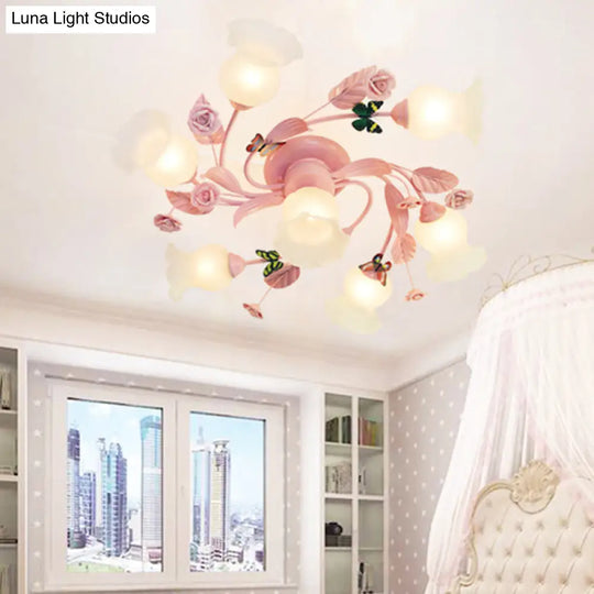 Semi Flush Mount Spiral Ceiling Light Fixture With 4/7 Bulbs Traditional Pink Satin Opal Glass