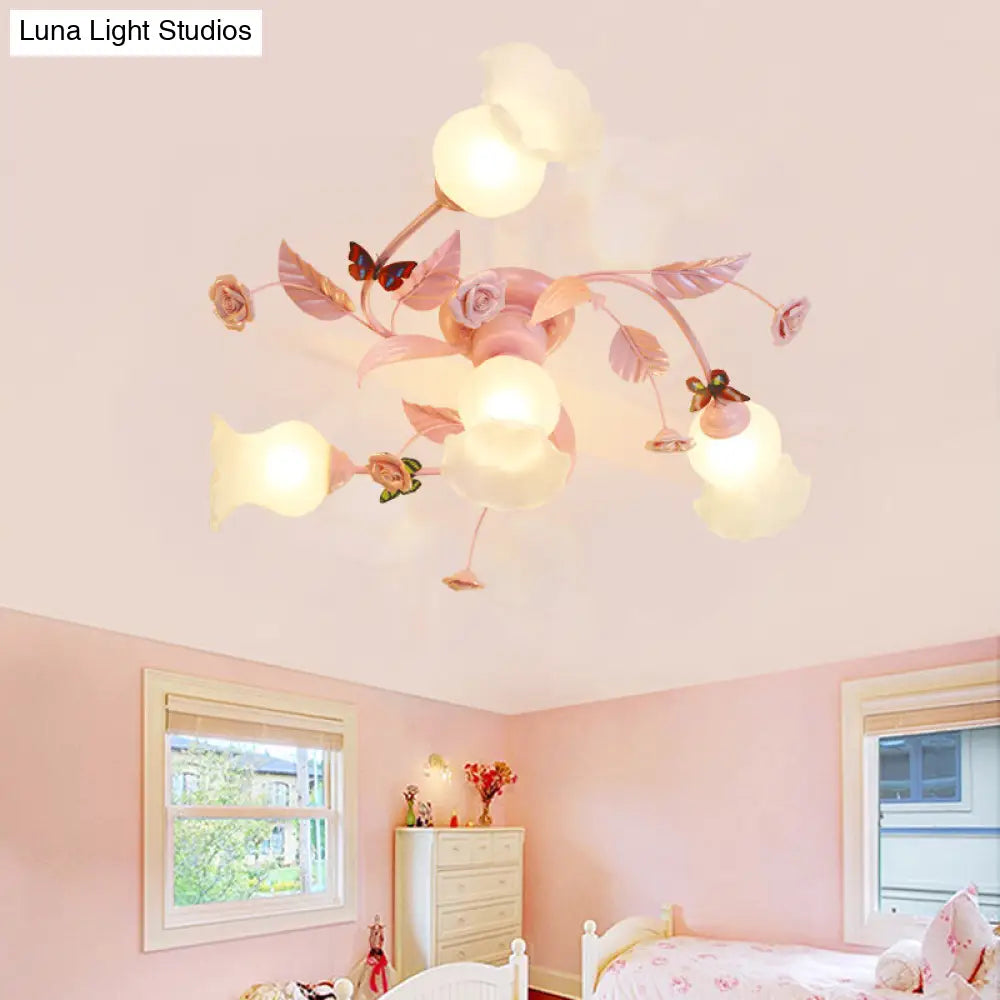 Satin Opal Glass Semi Flush Mount Ceiling Light Fixture - Traditional Pink | 4/7 Bulbs Ideal For