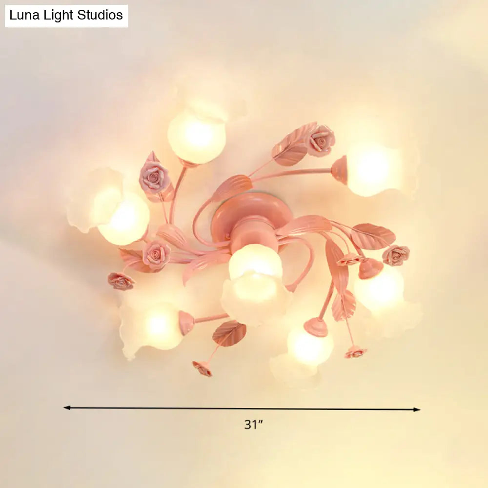 Semi Flush Mount Spiral Ceiling Light Fixture With 4/7 Bulbs Traditional Pink Satin Opal Glass