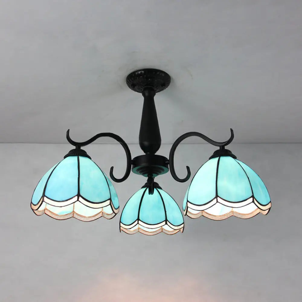 Semi Flush Mount Stained Glass Ceiling Light Fixture With 3 Domed Retro Style Heads -