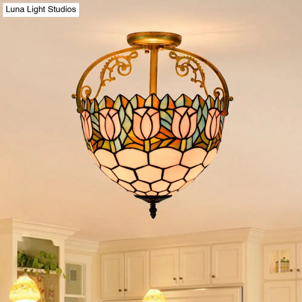 Floral Tiffany Stained Glass Ceiling Light Fixture - Semi-Flush Mount With 2 Lights- Beige Color For