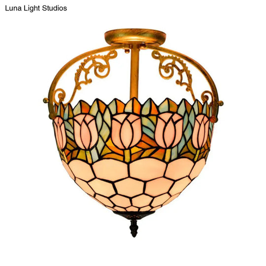 Floral Tiffany Stained Glass Ceiling Light Fixture - Semi-Flush Mount With 2 Lights- Beige Color For