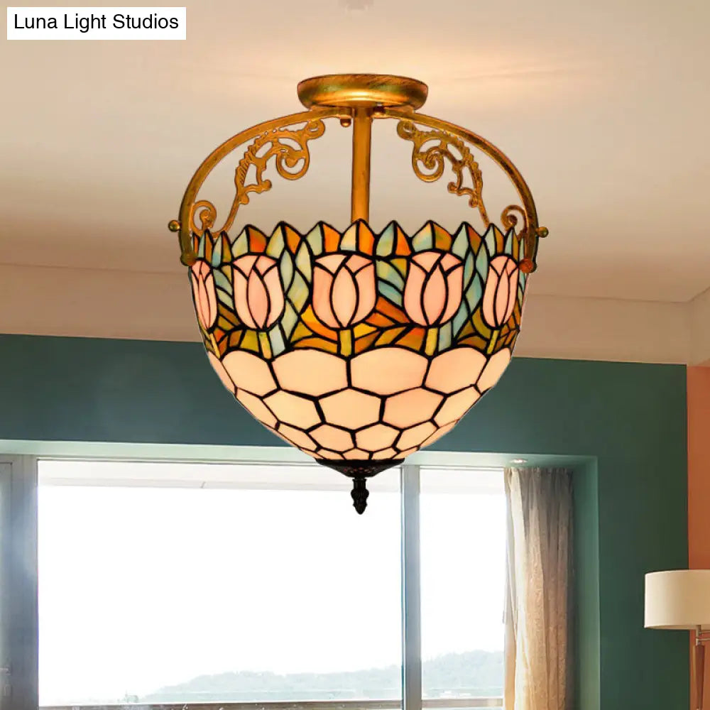 Floral Tiffany Stained Glass Ceiling Light Fixture - Semi-Flush Mount With 2 Lights- Beige Color For