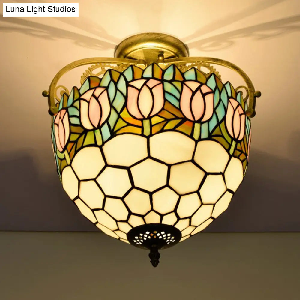 Floral Tiffany Stained Glass Ceiling Light Fixture - Semi-Flush Mount With 2 Lights- Beige Color For