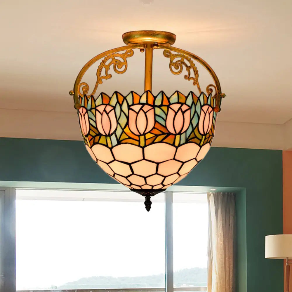 Semi - Flush Mount Tiffany Stained Glass Ceiling Light Fixture - Floral Design 2 Lights Beige Ideal