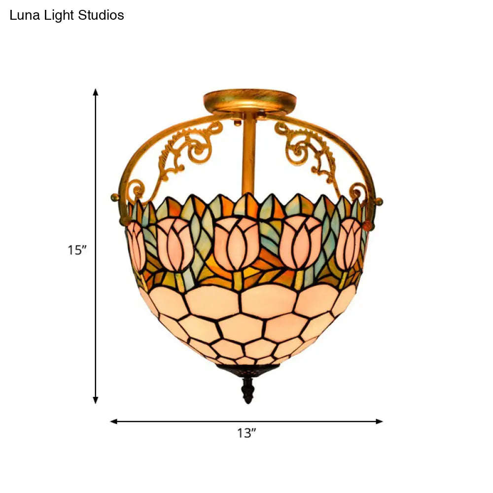 Floral Tiffany Stained Glass Ceiling Light Fixture - Semi-Flush Mount With 2 Lights- Beige Color For