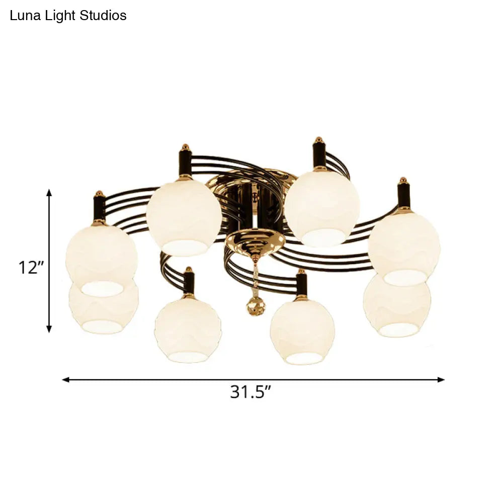 Semi Flush Mount Vintage Style Black Ceiling Light Fixture With White Swirl Glass & Multiple Head