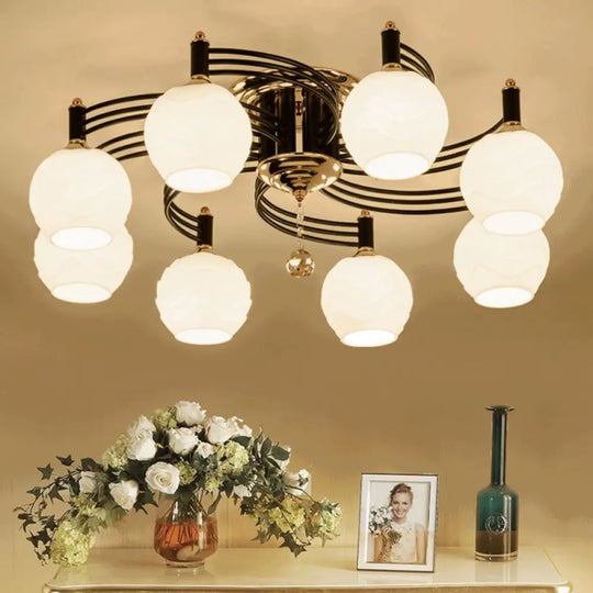 Semi Flush Mount Vintage Style Black Ceiling Light Fixture With White Swirl Glass & Multiple Head