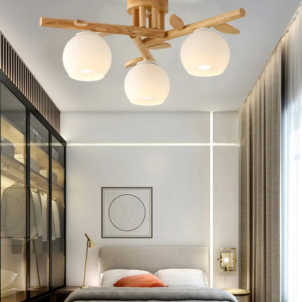 Semi Flush Opal Glass Ceiling Lamp With Wooden Branch - Creative Sphere Dining Room Light In Beige