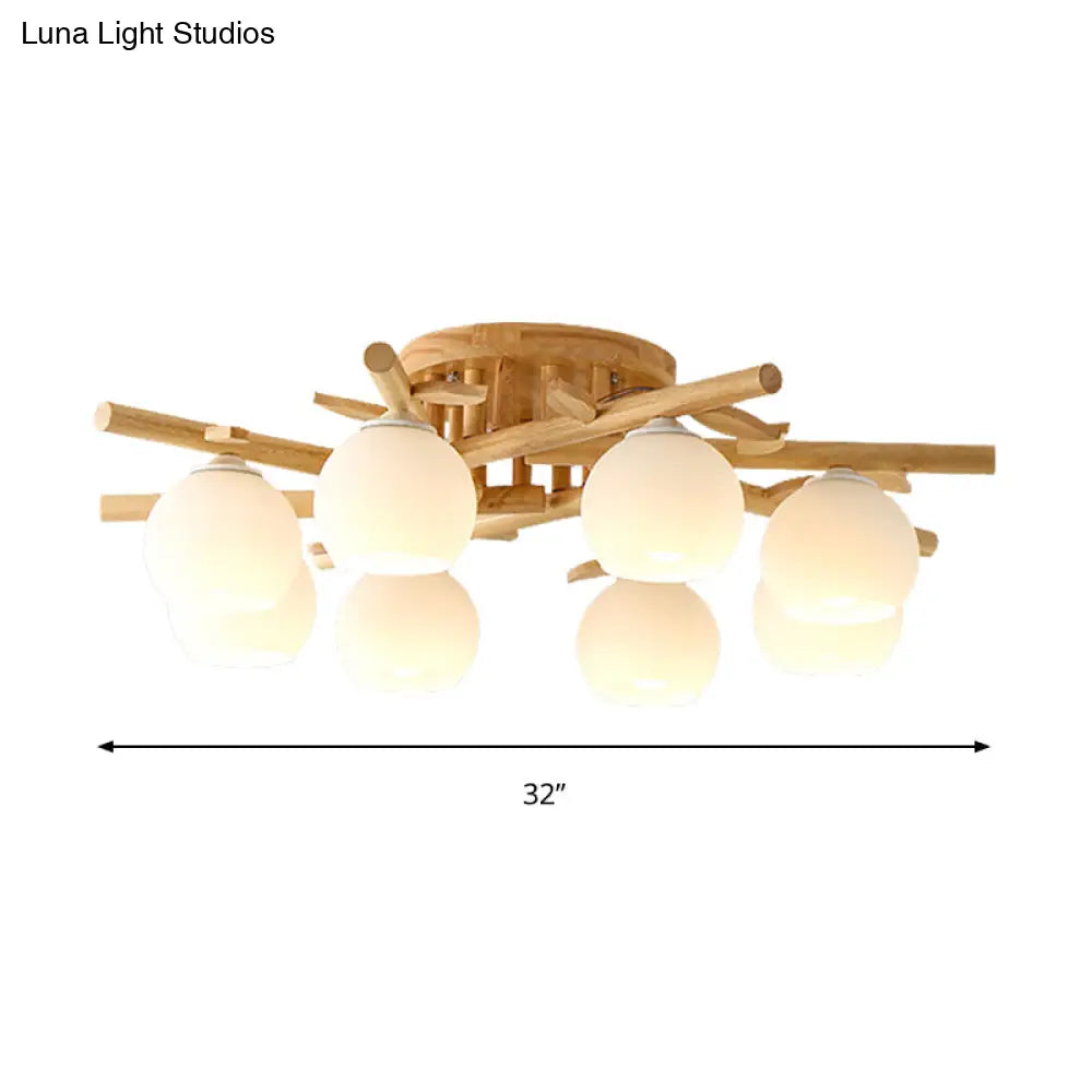 Semi Flush Opal Glass Ceiling Lamp With Wooden Branch - Creative Sphere Dining Room Light In Beige