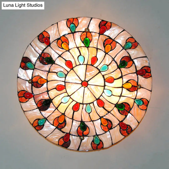 Semi Flush Stained Glass Ceiling Light Fixture With Tiffany Style Jewel Decoration