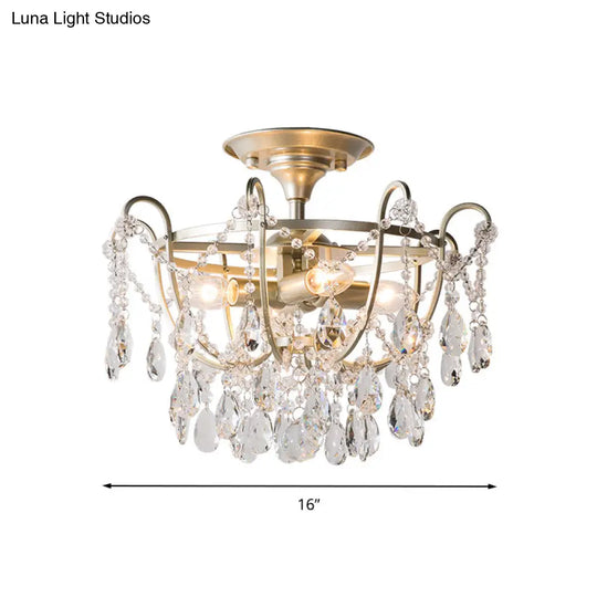 Semi Flush Traditional Crystal Ceiling Light Fixture - Beveled 4 Bulbs Brass Mount