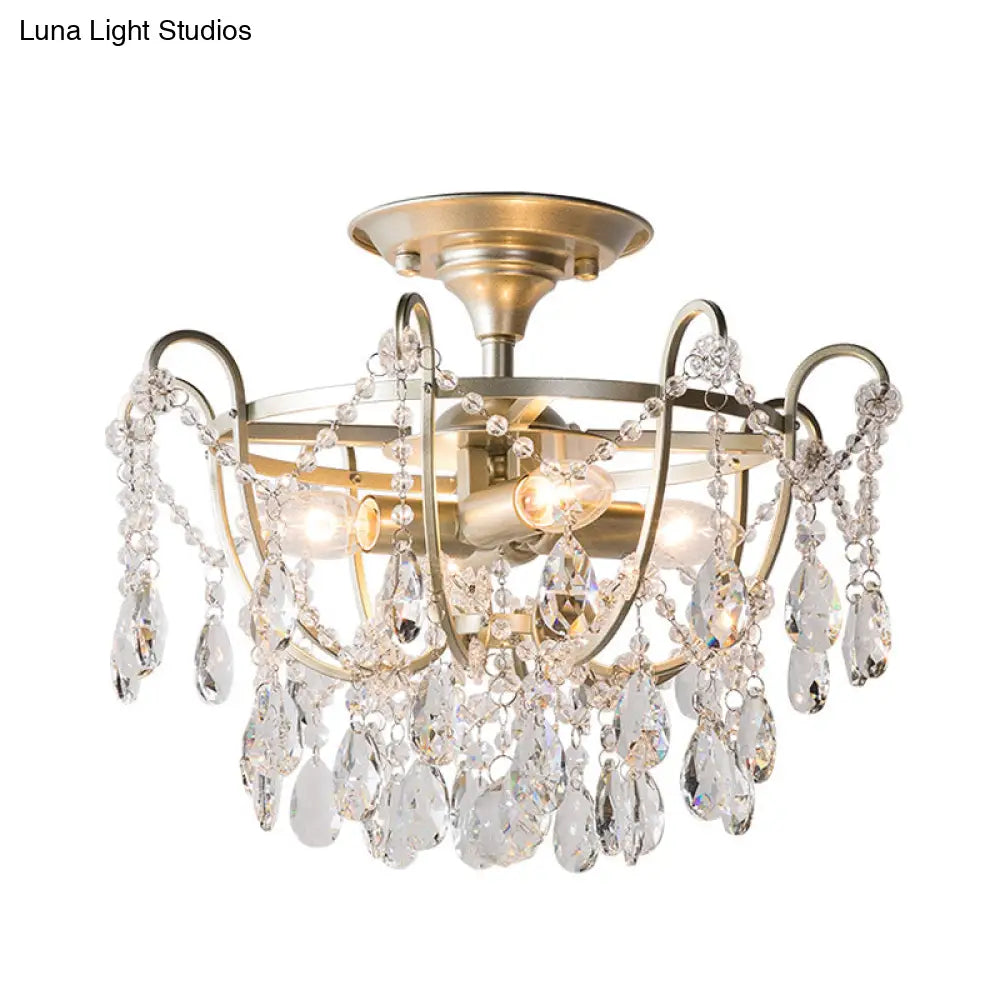 Semi Flush Traditional Crystal Ceiling Light Fixture - Beveled 4 Bulbs Brass Mount