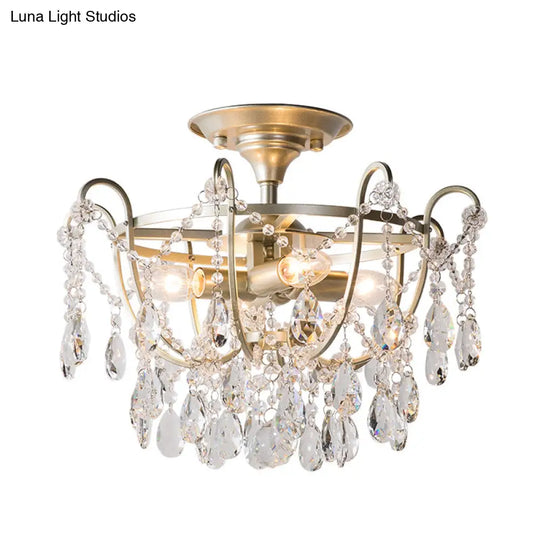 Semi Flush Traditional Crystal Ceiling Light Fixture - Beveled 4 Bulbs Brass Mount