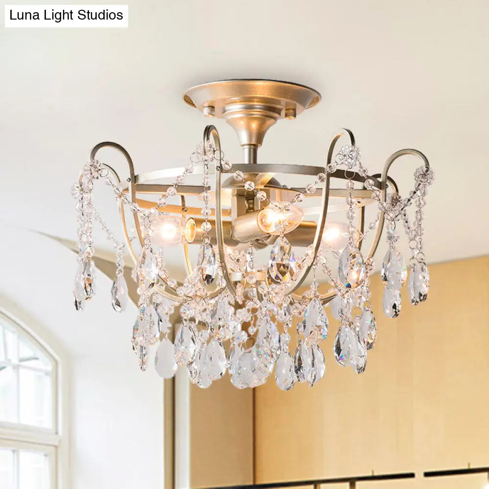 Semi Flush Traditional Crystal Ceiling Light Fixture - Beveled 4 Bulbs Brass Mount