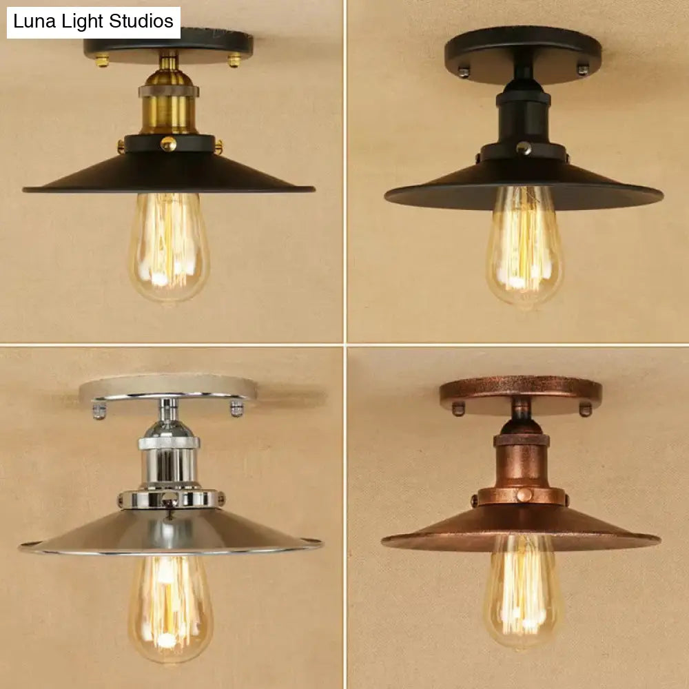 Semi Flush Wide Flared Ceiling Light - Rust/Chrome/Black Iron Finish 1 Warehouse Style