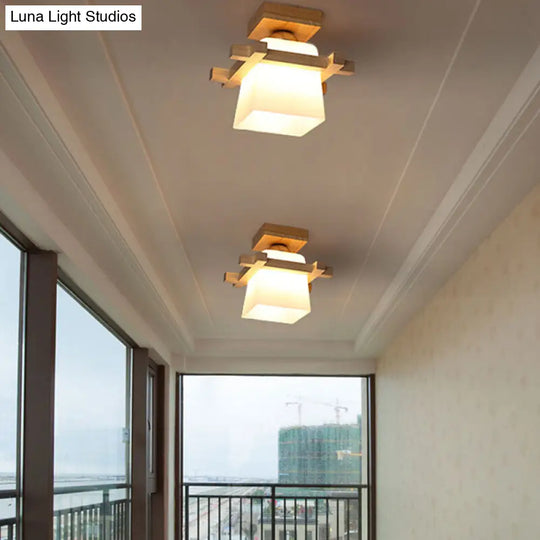 Semi Flush Wood Ceiling Lamp With Hand-Blown Milk Glass Shade For Balcony