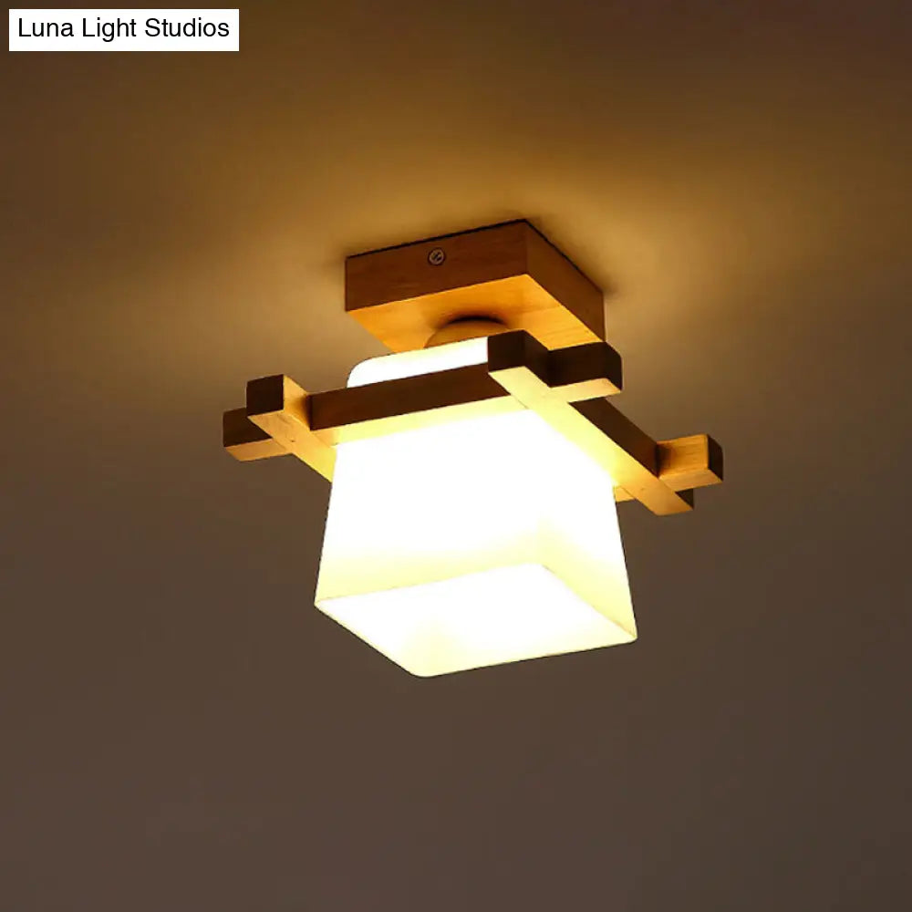 Semi Flush Wood Ceiling Lamp With Hand-Blown Milk Glass Shade For Balcony