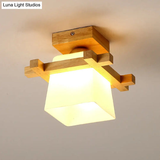 Semi Flush Wood Ceiling Lamp With Hand - Blown Milk Glass Shade For Balcony