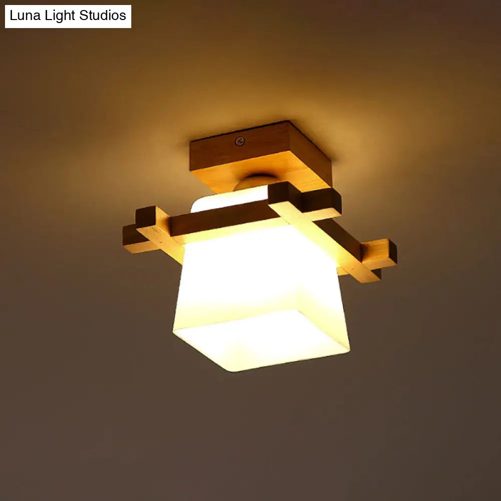 Semi Flush Wood Ceiling Lamp With Hand - Blown Milk Glass Shade For Balcony