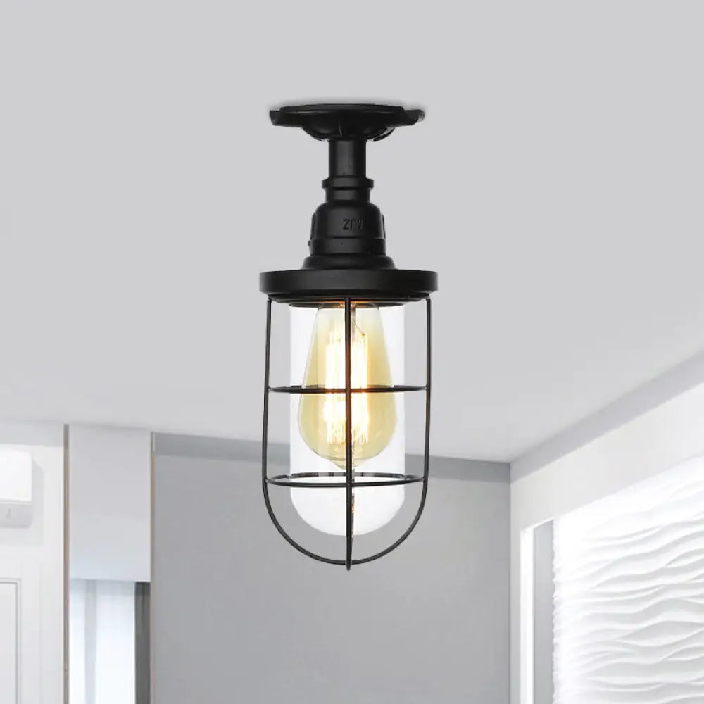 Semi Flushmount Antiqued Black Iron Ceiling Lamp With Clear Glass Shade / A