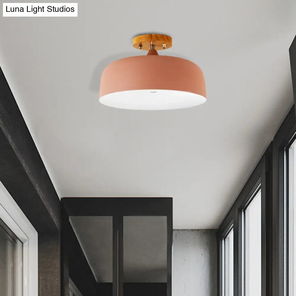 Semi-Flushmount Ceiling Light: 1-Light Gray W/ White Pink & Green Drum Lampshade - Simple Stylish