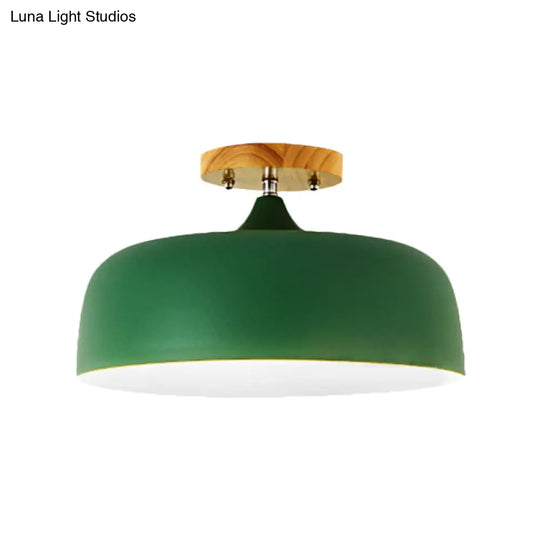 Semi-Flushmount Ceiling Light: 1-Light Gray W/ White Pink & Green Drum Lampshade - Simple Stylish