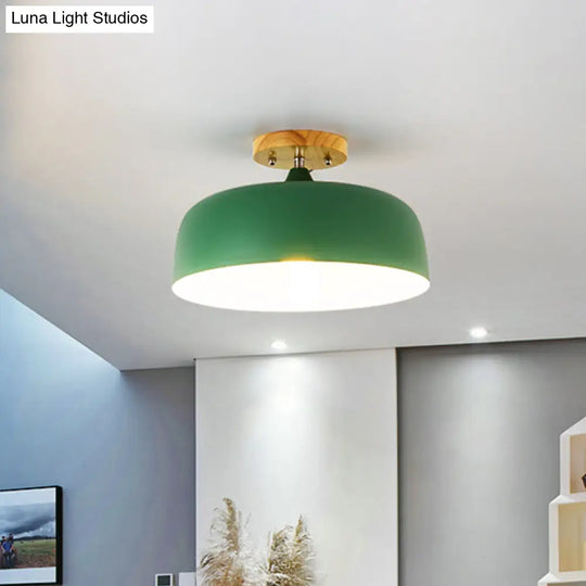 Semi-Flushmount Ceiling Light: 1-Light Gray W/ White Pink & Green Drum Lampshade - Simple Stylish