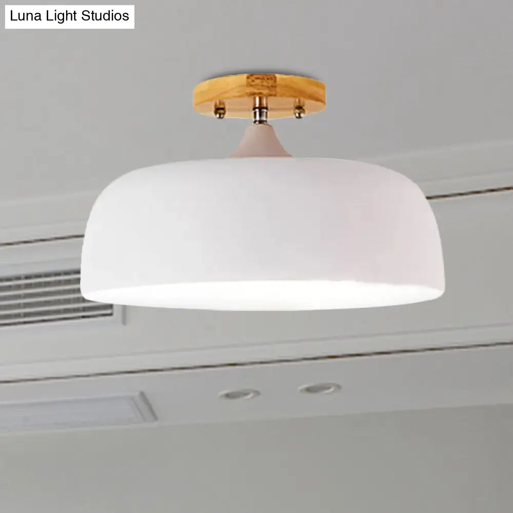 Semi-Flushmount Ceiling Light: 1-Light Gray W/ White Pink & Green Drum Lampshade - Simple Stylish