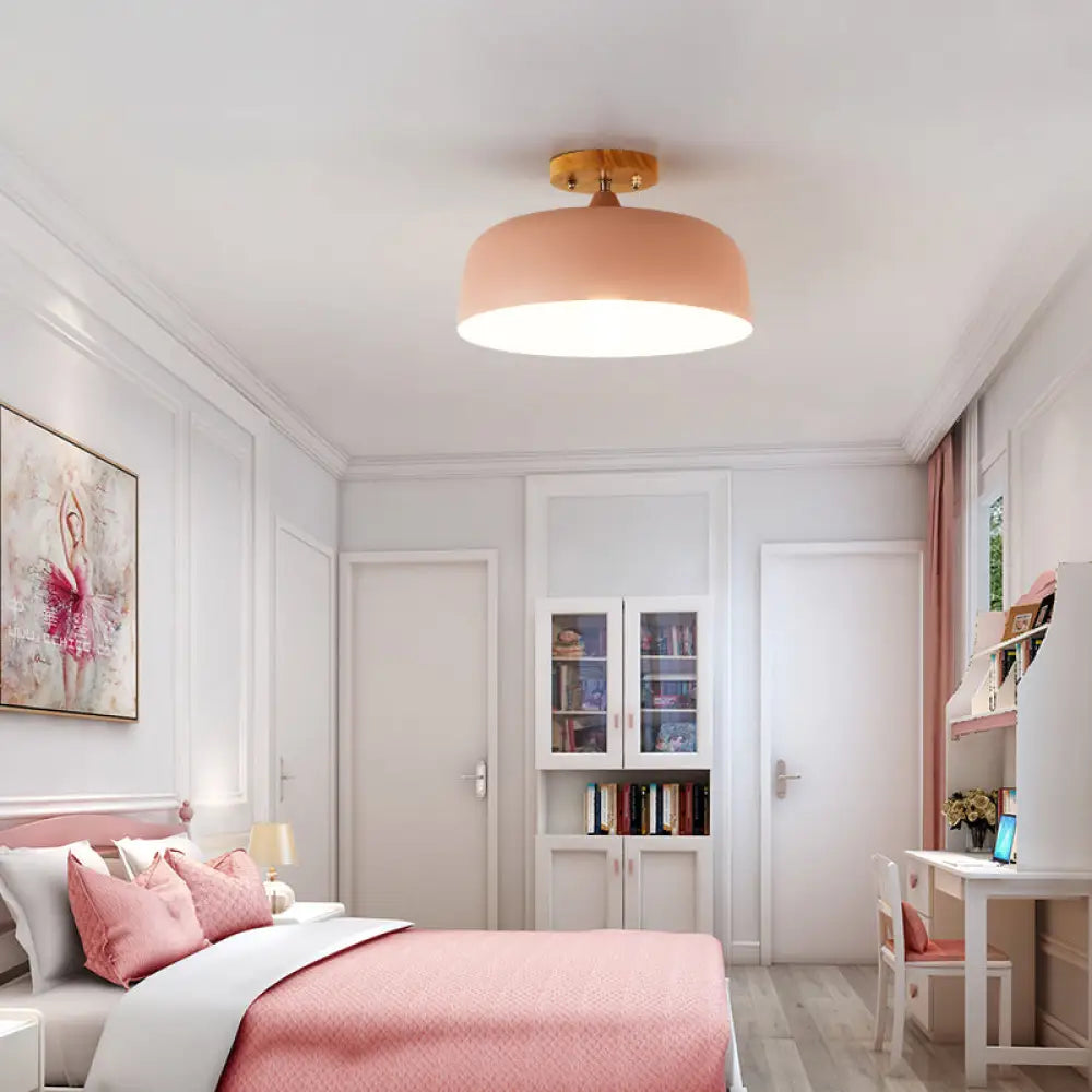 Semi-Flushmount Ceiling Light: 1-Light Gray W/ White Pink & Green Drum Lampshade - Simple Stylish