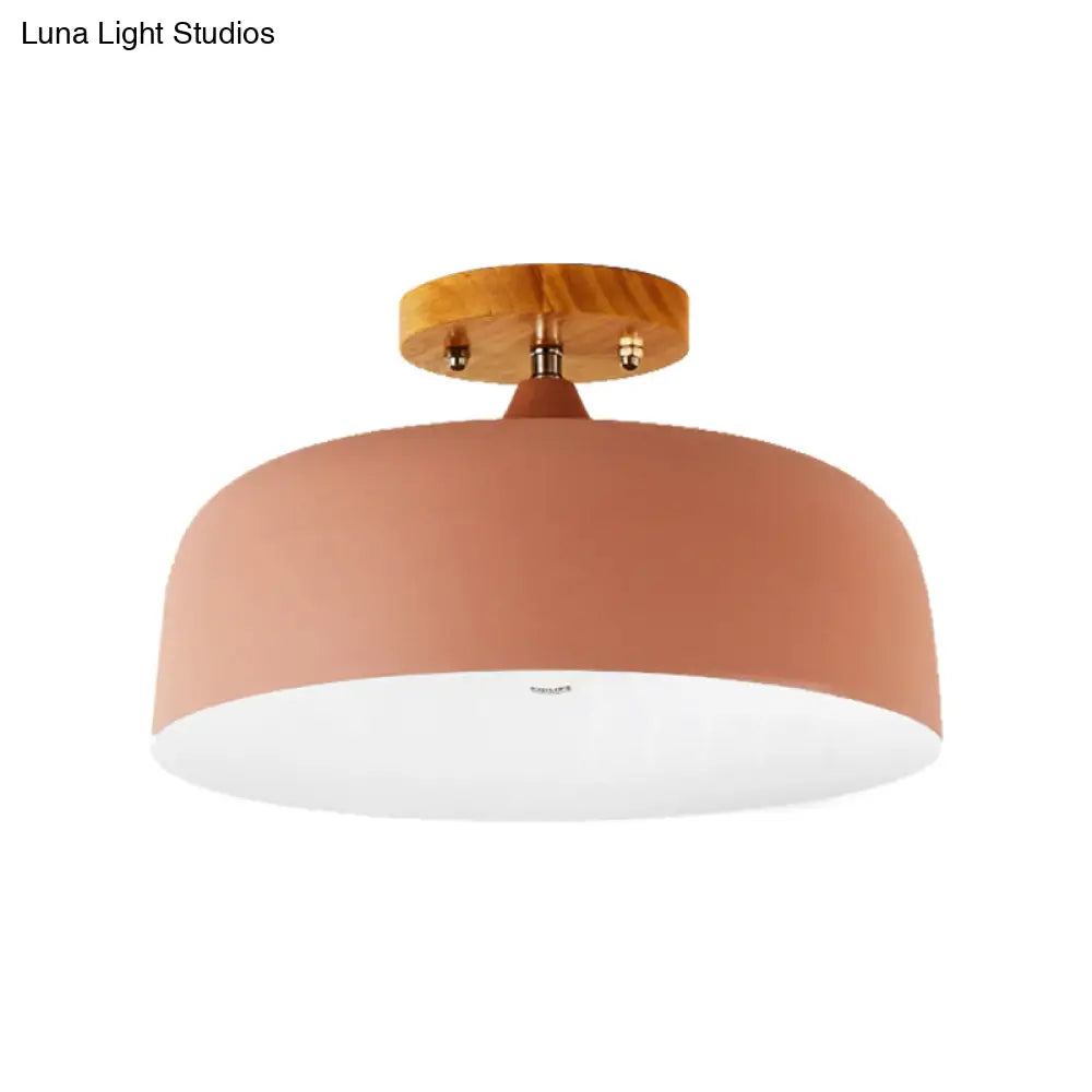 Semi-Flushmount Ceiling Light: 1-Light Gray W/ White Pink & Green Drum Lampshade - Simple Stylish