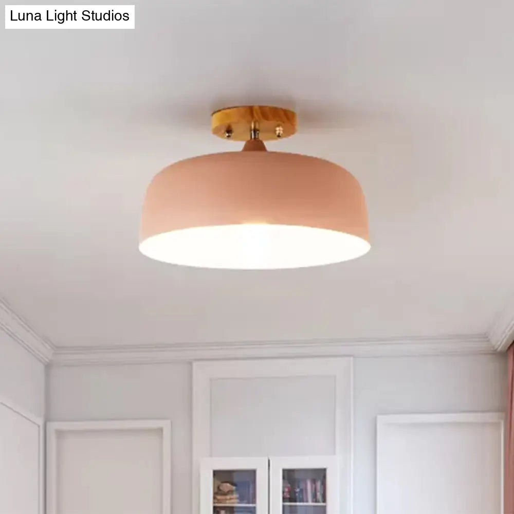 Semi-Flushmount Ceiling Light: 1-Light Gray W/ White Pink & Green Drum Lampshade - Simple Stylish