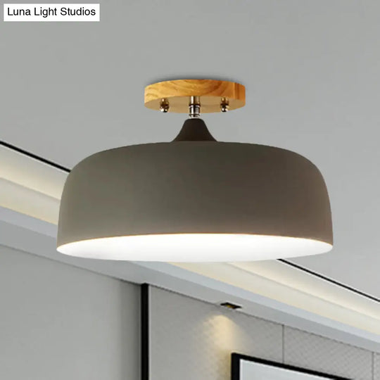 Semi-Flushmount Ceiling Light: 1-Light Gray W/ White Pink & Green Drum Lampshade - Simple Stylish