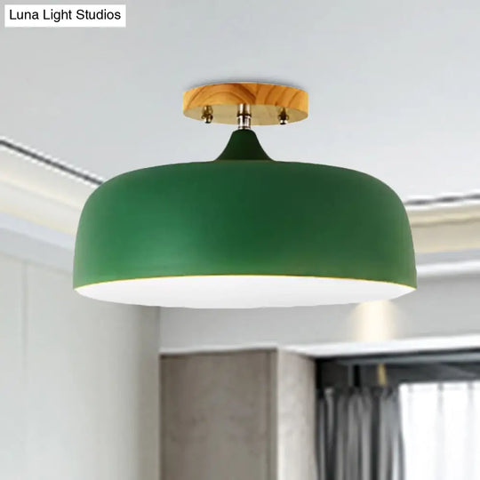 Semi-Flushmount Ceiling Light: 1-Light Gray W/ White Pink & Green Drum Lampshade - Simple Stylish