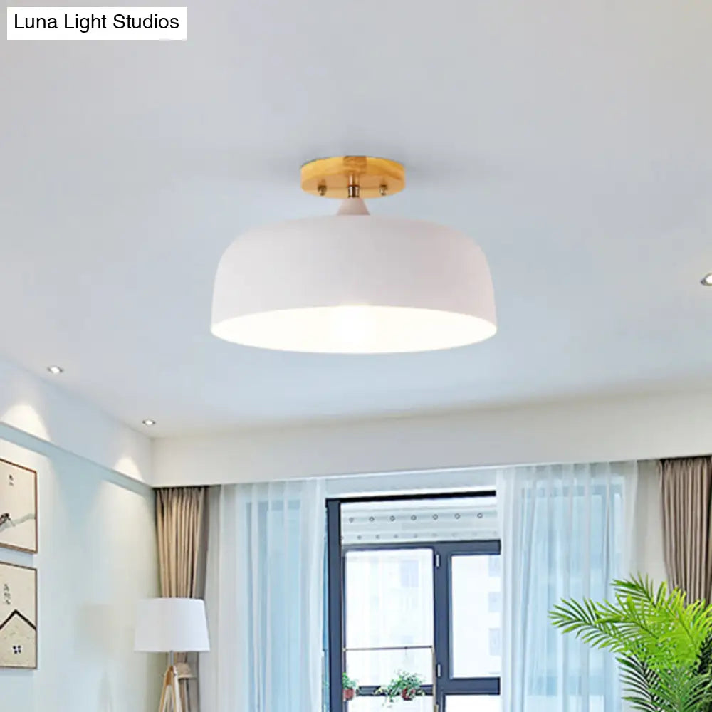 Semi-Flushmount Ceiling Light: 1-Light Gray W/ White Pink & Green Drum Lampshade - Simple Stylish