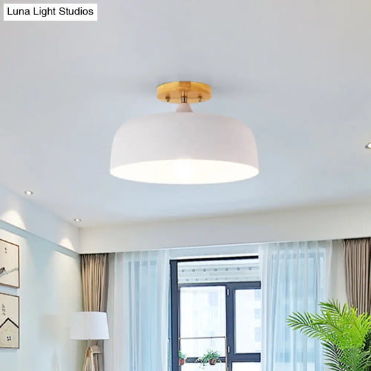 Semi-Flushmount Ceiling Light: 1-Light Gray W/ White Pink & Green Drum Lampshade - Simple Stylish