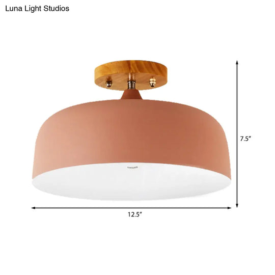 Semi-Flushmount Ceiling Light: 1-Light Gray W/ White Pink & Green Drum Lampshade - Simple Stylish