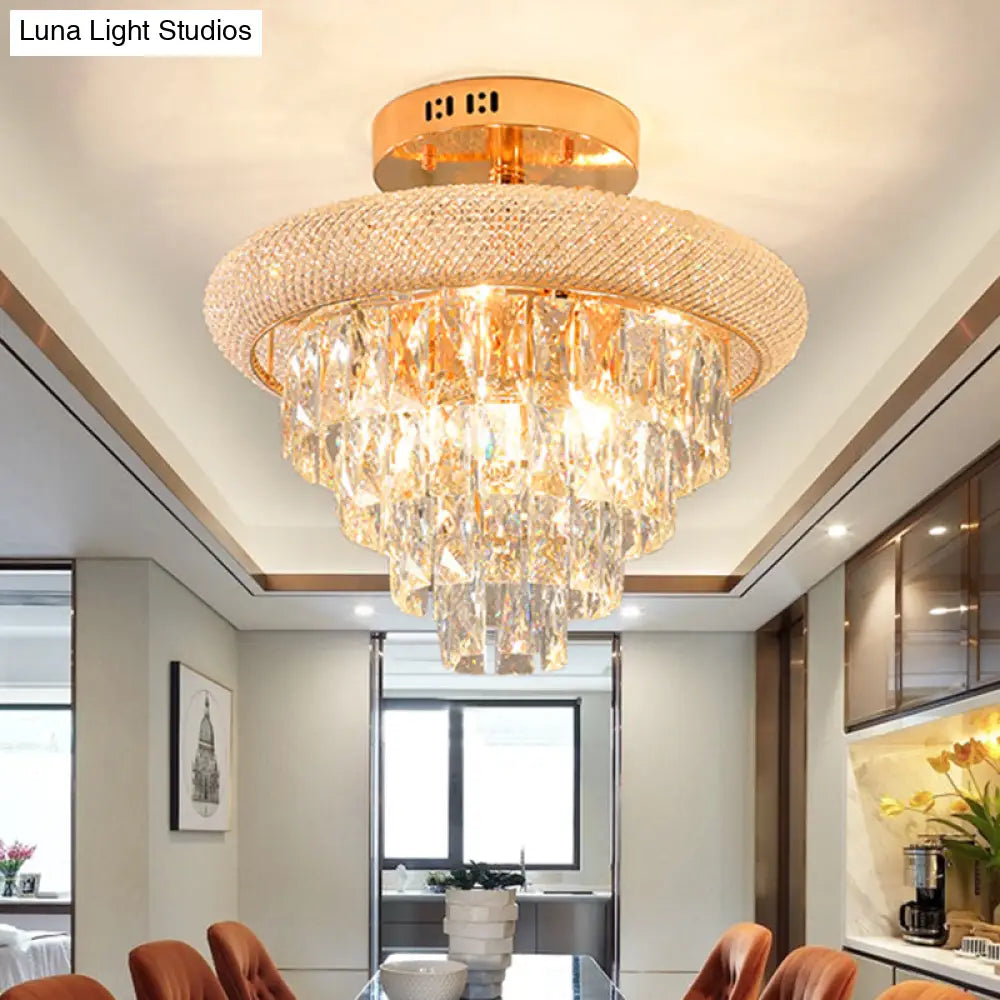 Semi Mount 9-Light Traditional Crystal Ceiling Flush Fixture In Gold