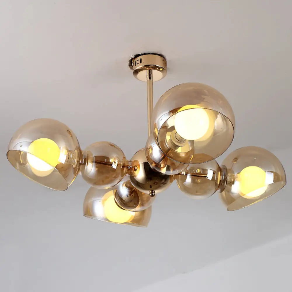 Semi Mount Brass Ceiling Light Fixture For Bedroom With Amber Glass Shade - 4/6 Lights 4 /