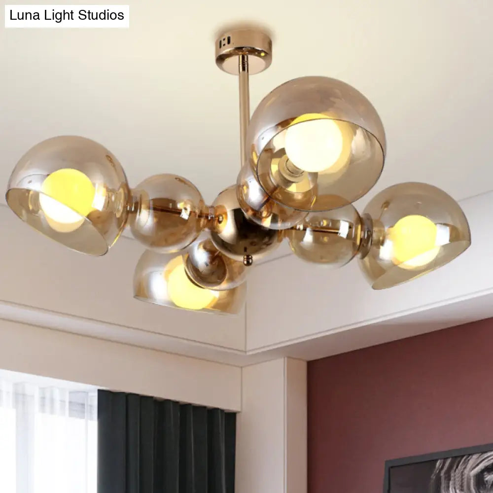 Semi Mount Brass Ceiling Light Fixture For Bedroom With Amber Glass Shade - 4/6 Lights