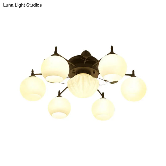 Semi Mount Bubble Shade Living Room Ceiling Light - Traditional White Glass With 5/7 Lights Black