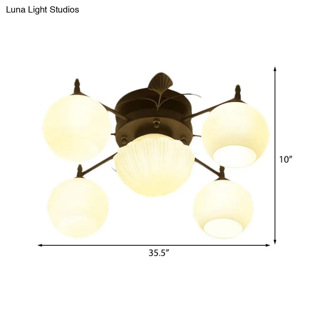 Semi Mount Bubble Shade Living Room Ceiling Light - Traditional White Glass With 5/7 Lights Black