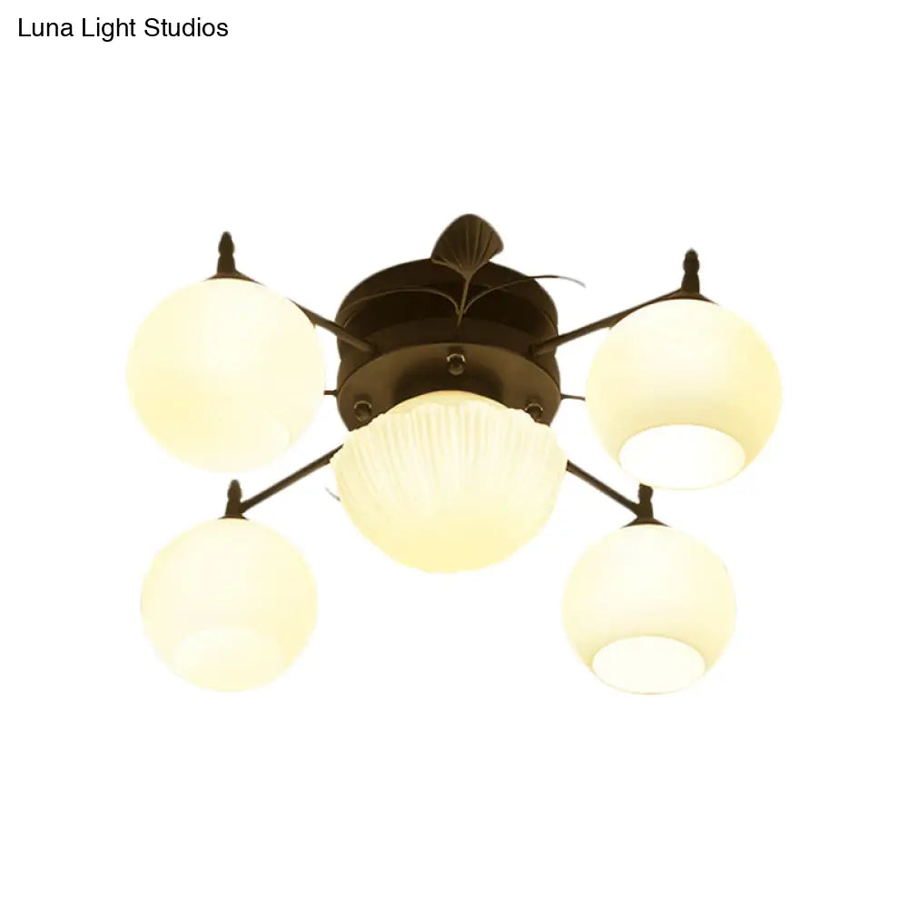 Semi Mount Bubble Shade Living Room Ceiling Light - Traditional White Glass With 5/7 Lights Black