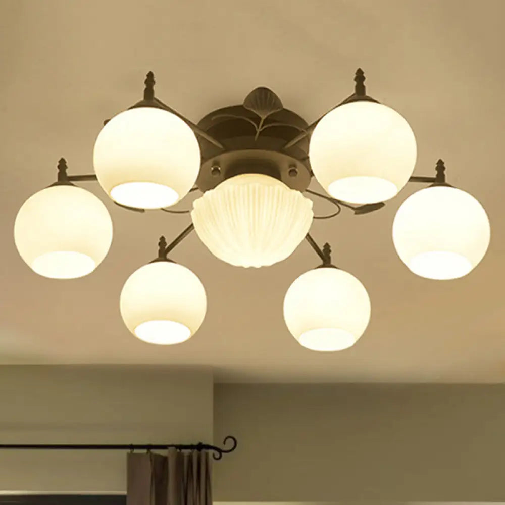 Semi Mount Bubble Shade Living Room Ceiling Light - Traditional White Glass With 5/7 Lights Black 7