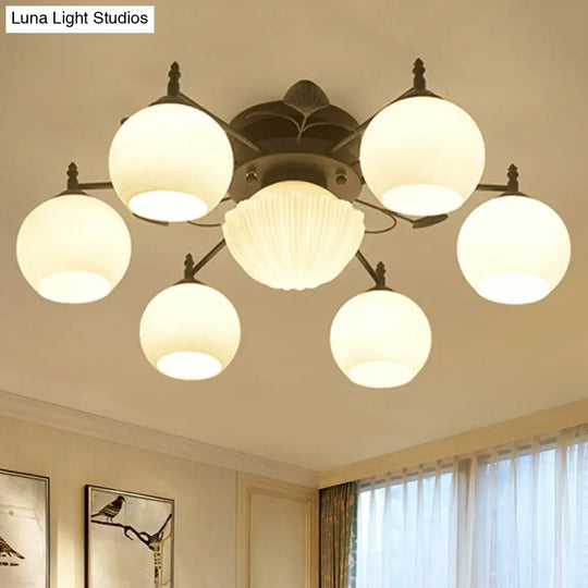 Semi Mount Bubble Shade Living Room Ceiling Light - Traditional White Glass With 5/7 Lights Black