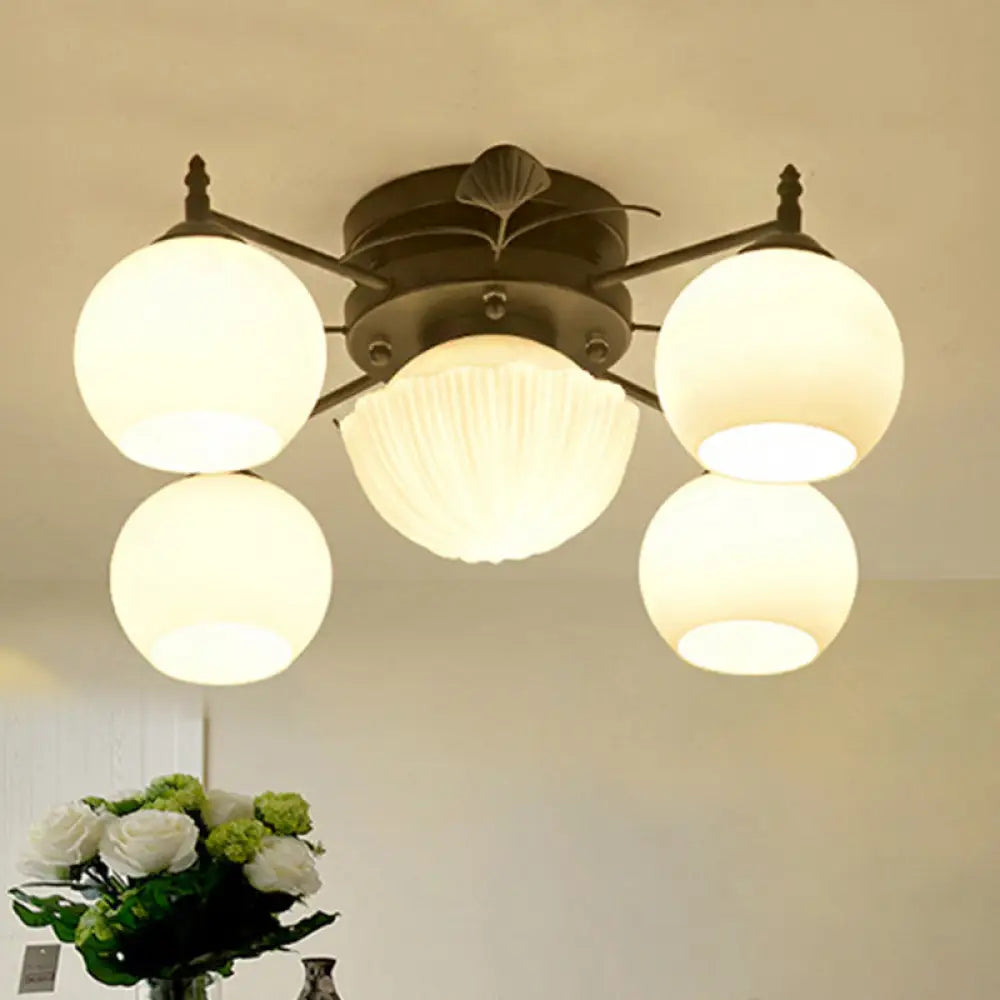 Semi Mount Bubble Shade Living Room Ceiling Light - Traditional White Glass With 5/7 Lights Black 5